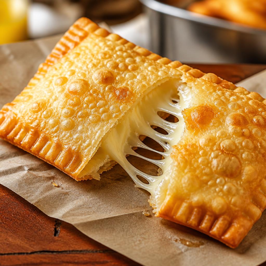 Pastel tradicional de Queijo mostrando o recheio
